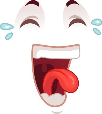 Çizgi film yüz çizimi, ağzı açık, dili sarkık, gözleri sıkılmış ve yüzünden akan yaşları gösteriyor.