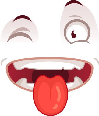 Neşeli çizgi film yüzü, aptal, göz kırpan ve dilini dışarı çıkaran, beyaz bir arka planda izole edilmiş pozitif duyguları ifade eder.