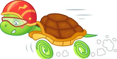 Azim ve enerjiyle neşeli çizgi film kaplumbağa yarışları. Küçük bir kask takıyorlar ve arkalarında toz bulutu bırakıyorlar. Çocuk kitapları veya markalaşma için mükemmel.