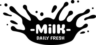 Black splash with rounded edges is laying on a white background, the word milk is written in bold white rounded letters, and daily fresh is written below in smaller letters clipart