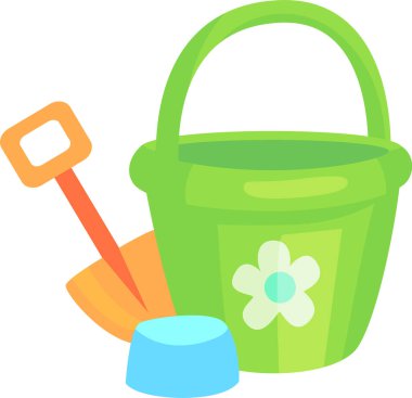 Beyaz arka planda izole edilmiş kürek ve kumdan kale kalıplı yeşil plastik kovanın çizgi film stili çizimi