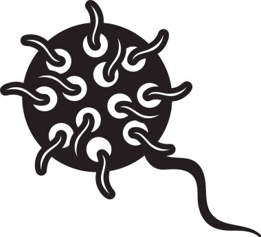 Büyüleyici siyah beyaz virüs ikonu filizlerle bulaşıcı hastalık yayıyor. Karmaşık detaylar biyoloji ve hastalık bilimi gösteriyor. Salgın ve salgınların sağlık riskleri sembolize ediliyor