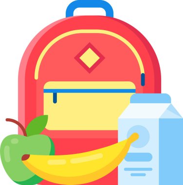 Yeşil elma, muz ve süt kutuları dahil sağlıklı atıştırmalıklarla dolu kırmızı okul çantası, öğrenciler için dengeli beslenmeyi teşvik ediyor.