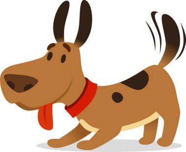 Çizgi film çizimi, koyu benekli, kırmızı yakalı, kuyruğunu sallayan ve dili açık soluyan neşeli ve enerjik bir tavır sergileyen bir kahverengi köpeğin çizimi.