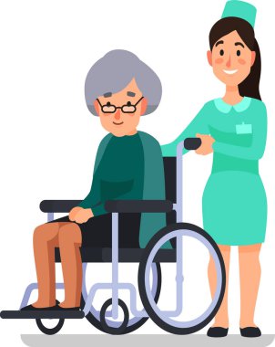 Genç hemşire, tekerlekli sandalyede gülümseyen yaşlı bir kadını itiyor, sağlık hizmetlerinde yardım ve bakım sağlıyor, yaşlılara refah ve destek sağlıyor.
