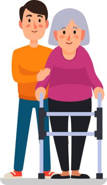 Genç bakıcı, yaşlı bir kadına yürüteç kullanarak destek sağlayarak, hareket yardımının ve şefkatli yaşlı bakım hizmetlerinin önemini vurguluyor.