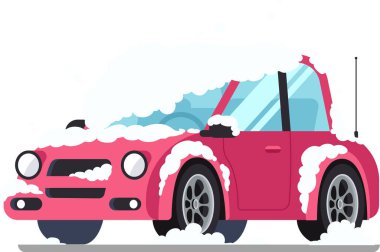 Pembe araba yola park edilmiş ve kış mevsiminde tamamen karla kaplanmış. Taşımacılık ve soğuk hava koşullarındaki zorlukları gösteriyor.