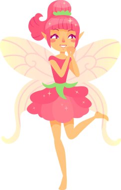 Pembe saçlı, çiçekli elbisesi ve böcek kanatlarıyla ellerini neşeli bir ifadeyle çırpan neşeli bir perinin çizgi film çizimi.