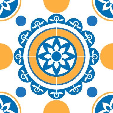 Beyaz arka planda mavi ve turuncu çiçekli Akdeniz esinlenilmiş fayanslar, canlı bir geleneksel tasarımı çağrıştırıyor