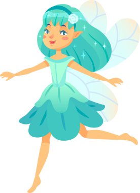 Turkuaz saçlı ve parlak gözlü güzel peri açık renk bir elbise ve çiçek şeklinde etek giyerek mutlu bir şekilde koşuyor.