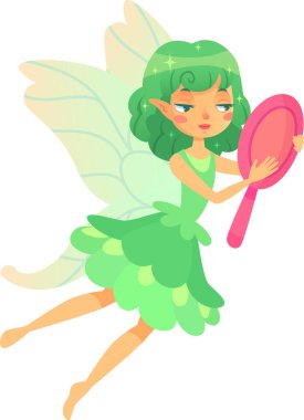 Beautiful fairy with green hair and dress flying while holding a pink mirror, sparkling magical creature with wings, charming mythical character from fantasy world clipart