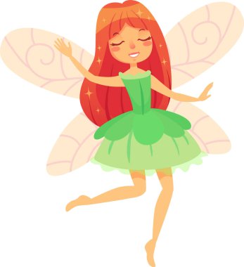 Yeşil elbiseli, kırmızı saçlı peri zarif kanatlarıyla uçuyor. Tuhaf ve büyüleyici bir sahne yaratıyor.