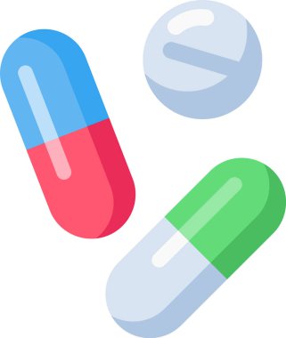 İki renkli kapsül ve bir yuvarlak hap basit ama etkili bir görsel temsilde ilaç, sağlık ve ilaç tedavisini sembolize eder.