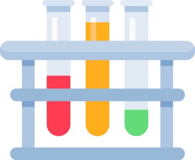 Laboratuvar raflarında kimyasal sıvılar tutan renkli test tüpleri bilimsel bir deney, analiz ya da araştırma faaliyetini temsil etmektedir.