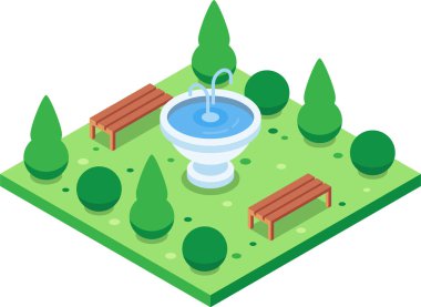 Rahatlatıcı park alanı, düzgün düzenlenmiş yeşil çalılar ve ahşap banklarla çevrili bir su çeşmesi izometrik projeksiyonda barışçıl ve davetkar bir atmosfer yaratıyor.