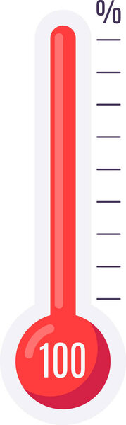 Термометр достигает 100% его емкости, указывая максимальное измерение, используя красно-белую цветовую схему для визуального представления