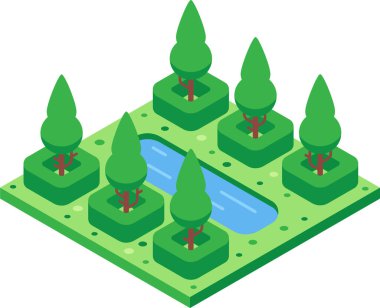 Küçük bir nehrin etrafında büyüyen ağaçların ve çalıların bulunduğu yeşil izometrik parklar huzurlu ve rahatlatıcı bir doğal ortam yaratıyor.