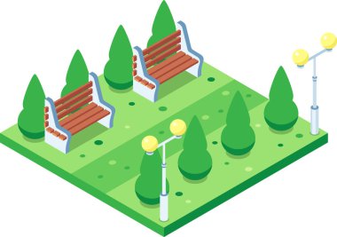 Ahşap banklar, yemyeşil ağaçlar ve modern sokak lambalarının yer aldığı Isometric şehir parkı sahnesi, şehir eğlencesi ve açık hava eğlence alanlarını temsil ediyor.