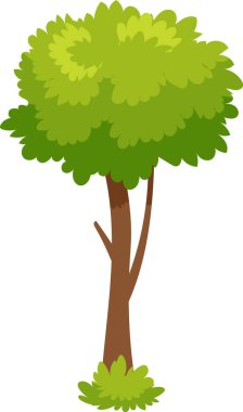 Kalın kahverengi gövdeli sağlıklı bir ağacın çizgi film çizimi, gür yeşil yapraklar tam bir taç oluşturur, ve tabanında küçük çalılar, canlı ve canlı bir görüntü yaratır.