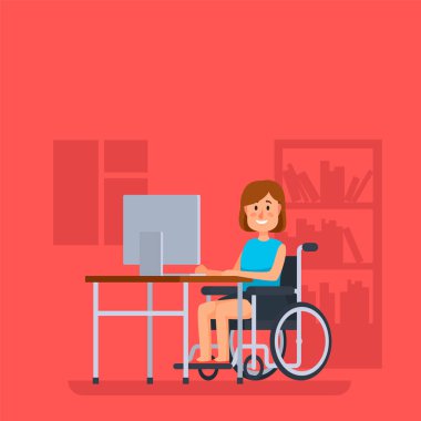 Happy disabled woman using computer at home, promoting accessibility and inclusion in the workplace with a positive and empowering representation of disability clipart