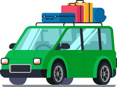 Bavullar ve sarılı battaniye de dahil olmak üzere yeşil araba çatı rafında korunuyor. Bu da bir yolculuk ya da tatil seyahatine işaret ediyor.