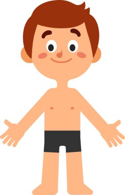 Vücudunun anatomi, hijyen ve ergenlikle ilgili eğitim veya sağlık hizmetleri içeriği için ideal olduğunu gösteren gülümseyen bir çocuğun çizgi film çizimi.