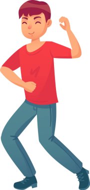 Kırmızı tişört ve mavi pantolon giyen genç adam dans etmekle meşgul. Yüzünde neşeli ve mutlu bir ifadeyle ritmik bir şekilde hareket ediyor.