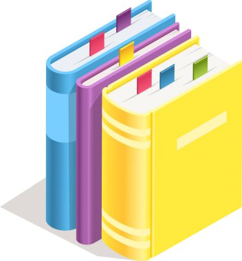 Üç renkli kitap, mavi, mor ve sarı, içinde yer imleriyle dimdik duruyorlar, organizasyon ve bilgi üzerine izometrik bir perspektif sunuyorlar.