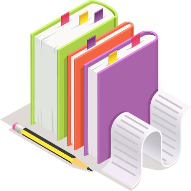 Yer imleri, kalem ve uzun kağıt makbuzlu renkli ciltli kitaplar, izometrik projeksiyonda beyaz yüzey üzerinde, öğrenim, öğrenim, eğitim veya bilgi kavramını temsil etmektedir.