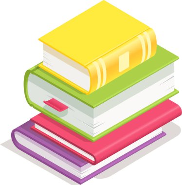 Dört renkli kitap üst üste dizilmiş, canlı ve davetkar bir kule oluşturuyorlar, bilgi arayışını ve okuma sevincini sembolize ediyorlar.