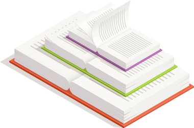 Sayfaları iki kapalı kitabın üzerine çevirerek bir yığın oluşturan, öğrenim, öğrenim ve eğitim kavramı, izometrik görünüm