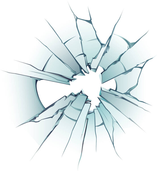 Cracks radiating outwards from a hole in a pane of glass, creating a dramatic visual of damage and breakage on a white background