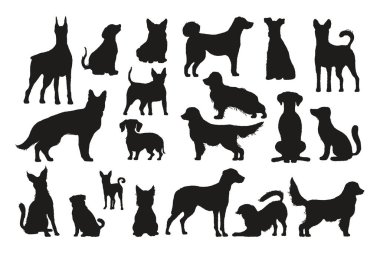 Köpekler siluetleri. Siyah köpek farklı türleri şekillendirir. Yürüyen sevimli evcil hayvanlar. Vektör köpek koleksiyonu.