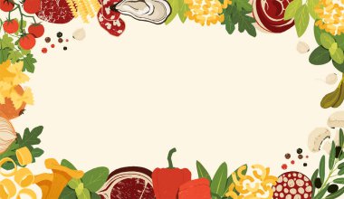 İtalyan yemek çerçevesi. Geleneksel ulusal mutfak malzemeleri, domatesli makarna peynir ve baharatlar. Vektör karikatür restoran menüsü geçmişi.