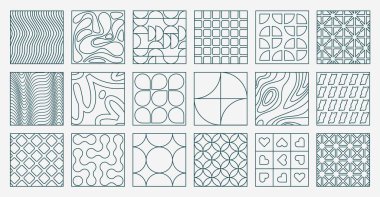 Doğrusal geometrik fayanslar. Asgari süs, retro bauhaus ve vahşi bulmaca blokları olan modern soyut dekoratif öğeler. Vektör seti.