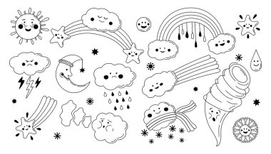 Sevimli hava durumu karakterleri. Komik karikatür mutlu üzgün, öfkeli ve uykulu hava tahminleri ikonları, sevimli meteoroloji sezonu işaretleri. Vektör karalama kümesi.