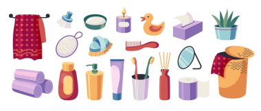 Banyo malzemeleri. Modern ev içi hijyen ürünleri, çizgi film dekoratif kozmetik havlular bornoz sabun losyonu, modaya uygun İskandinav tarzı. Vektör seti.