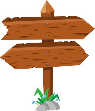 Tahta bir direğe sabitlenmiş ve etrafı çimenler ve kayalarla çevrili, beyaz bir zeminde izole edilmiş iki oklu boş tahta tabela direği.