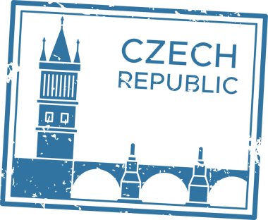Mavi mürekkep grunge kauçuk damgası, ikonik Charles Bridge ve eski şehir köprüsü kulesinin yer aldığı, turizm, seyahat ve kültür mirasını sembolize eden Czech Cumhuriyeti 'ni temsil ediyor.