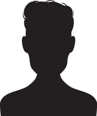 Siyah siluet büstü genç adam öne bakıyor, basit ve zarif tasarım anonimliği, gizliliği ve çevrimiçi kimliği temsil ediyor.