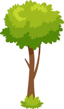 Yeşil yapraklı çizgi film ağacı ve çimenlerin üzerinde büyüyen kahverengi gövde doğayı, büyümeyi ve çevresel sürdürülebilirliği temsil ediyor.