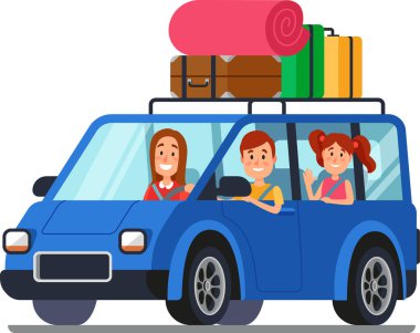 Mutlu bir yolculukta mutlu bir aile, gülümseyen ve arabanın camından el sallayan, kalıcı anılar yaratan ve birlikte yolculuğun tadını çıkaran.