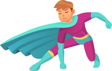 Canlı pembe ve turkuaz kostümlü kararlı süper kahraman peleriniyle diz çöker. Korunmayı, adaleti ve umudu sembolize eder.