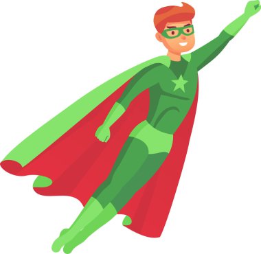Yıldız ve kırmızı pelerinli yeşil kostümlü kendine güvenen süper kahraman kollarını açmış, güç, cesaret ve kahramanlık gösteriyor.