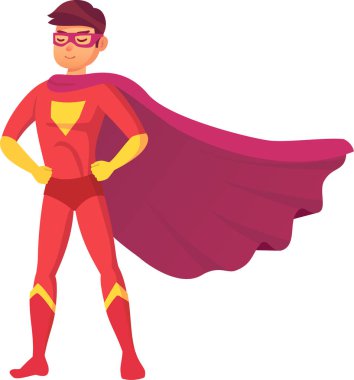 Kendine güvenen süper kahraman, elleri kalçasında, canlı bir kostüm ve akıcı bir pelerin giyiyor, güçlü, cesur ve her türlü zorlukla yüzleşmeye hazır.