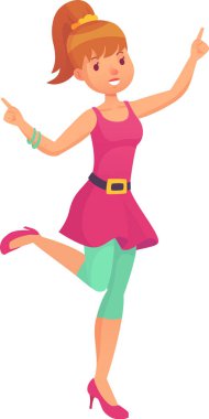 At kuyruklu, pembe bluzlu ve turkuaz taytlı genç kadın dans ediyor ve işaret parmaklarıyla işaret ediyor.