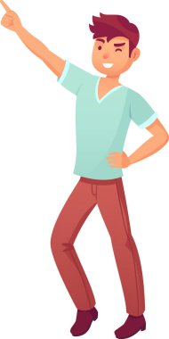 Neşeli genç adam işaret parmağını ilginç bir şeye doğrultuyor ve mutlu bir şekilde göz kırpıyor, özgüven ve coşkuyu ifade ediyor.