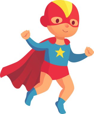 Genç süper kahraman çocuk neşeyle havada pelerin ve maskeyle süzülüyor. Göğsünde bir yıldızla zaferi kutluyor. Çocukluk hayal gücü ve yaratıcılığı canlı kırmızı renklerde somutlaştırıyor. Mavi