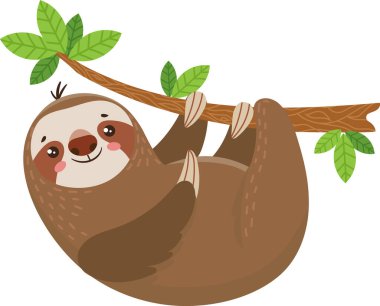 Adorable cartoon sloth hangs upside down from a tree branch in the rainforest, smiling happily among green leaves and brown branches. Perfect for childrens education and playful imagination clipart