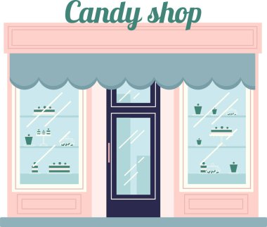 Vitrininde çeşitli cazip kek ve hamur işleri sergileyen zarif pembe şeker dükkanı müşterileri tatlı ikram etmeye davet ediyor.